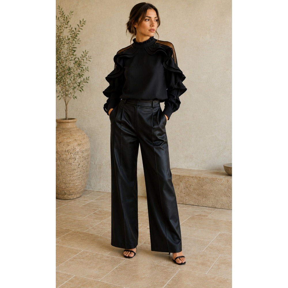 WHY Dress Black Ruffle Statement Sleeve Mesh Shoulder Mock Neck Blouse Top Small